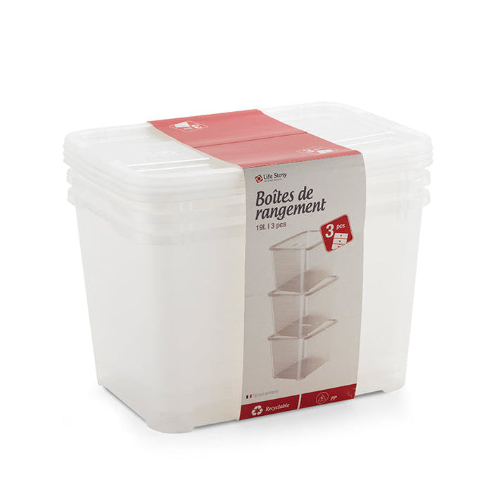 Pack de 3 Cajas de Almacenamiento Transparentes 19L con Tapa