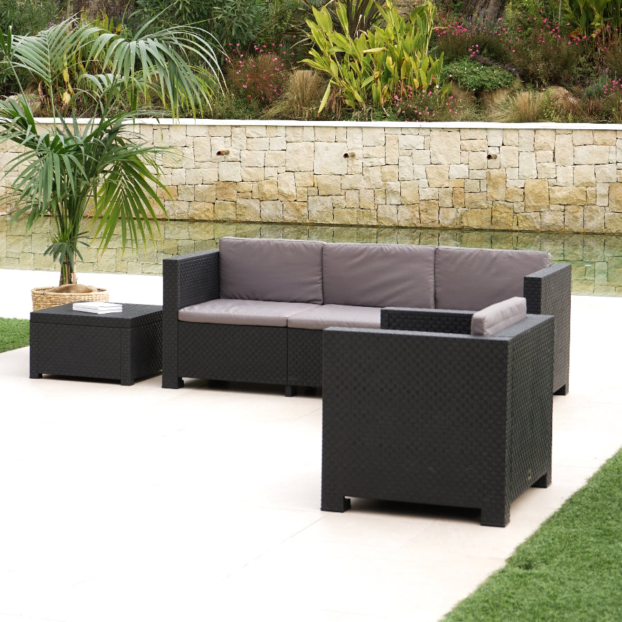 Manhattan Recycled Plastic Garden Furniture Set | Sofa, Ottoman, and Outdoor Armchair