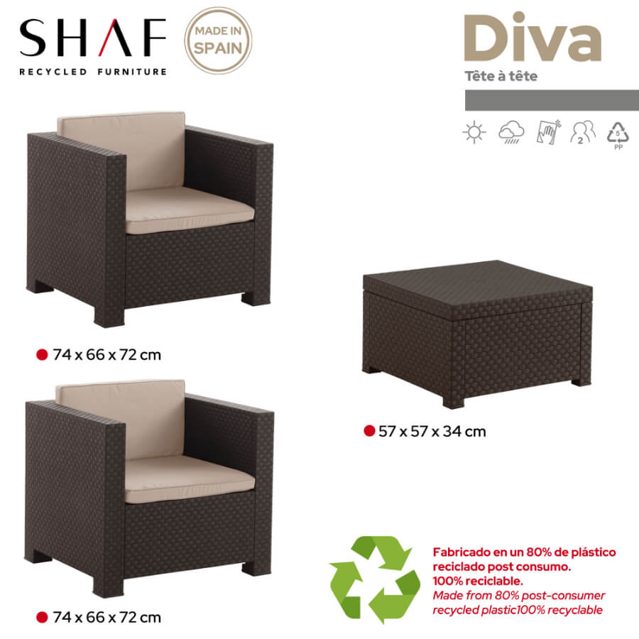 Conjunto de Jardín de Plástico Reciclado - Diva Tête-à-Tête | 2 Sillones y Mesa para Exterior