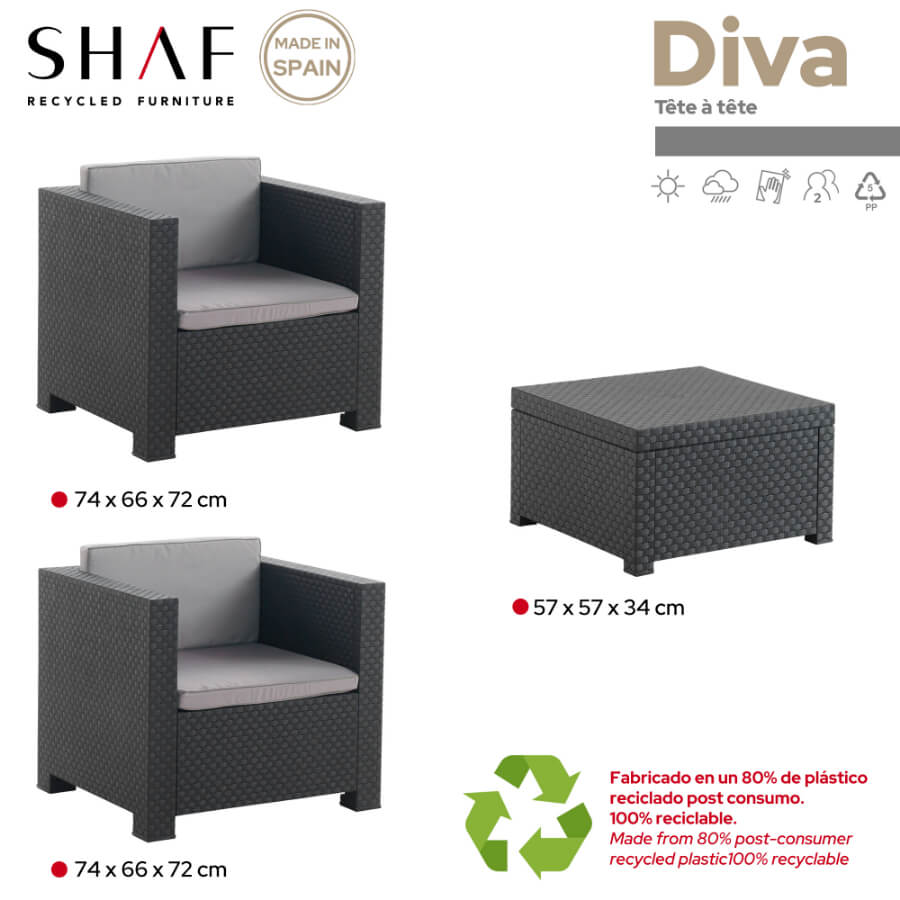 Conjunto de Jardín de Plástico Reciclado - Diva Tête-à-Tête | 2 Sillones y Mesa para Exterior