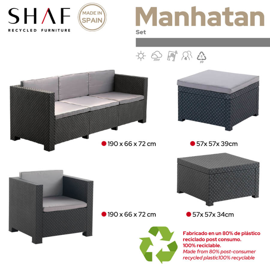 Manhattan Recycled Plastic Garden Furniture Set | Sofa, Ottoman, and Outdoor Armchair