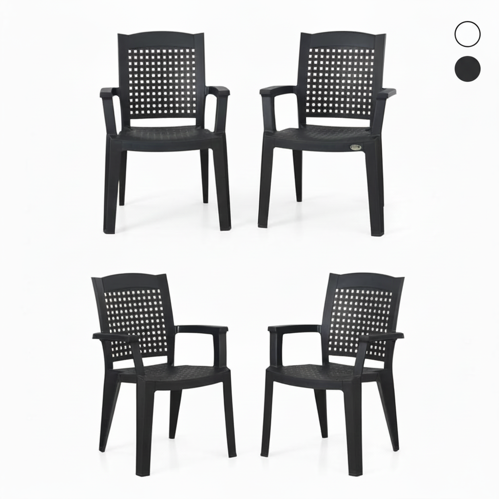 Pack de 4 sillas de plástico con reposabrazos Metal | Apilables y hechas con material reciclado