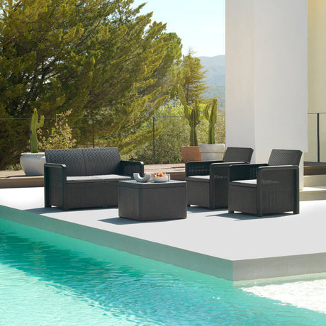 Conjunto de jardim com armazenamento - Nassau Confort Storage Graphite | Sofá, Poltronas e Mesa de Plástico Reciclado