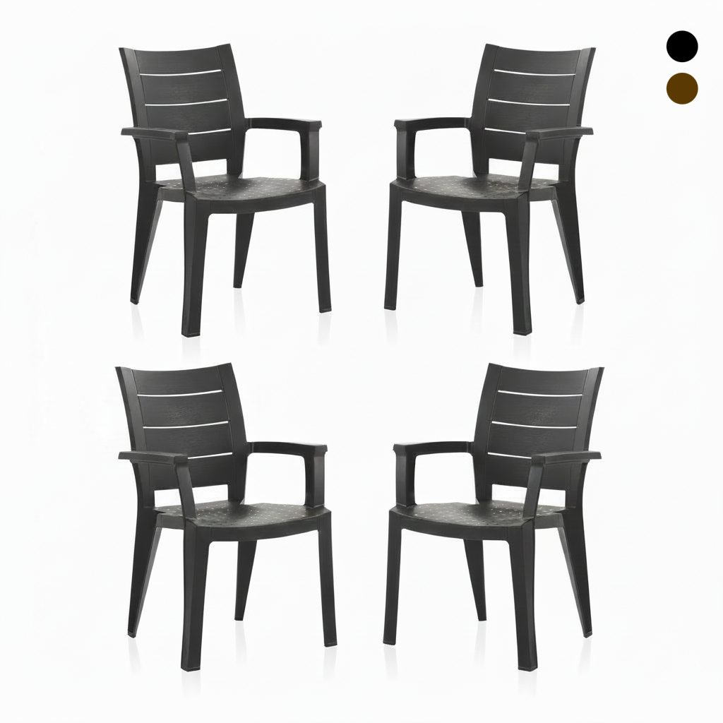 Pack x4 Sillas de Jardín Apilables Legno | Sillas con Reposabrazos y Textura imitación a Madera